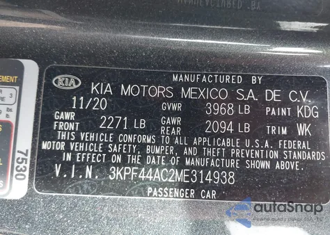 2021 Kia Forte Gt z USA, uszkodzony, nr VIN 3KPF44AC2ME314938